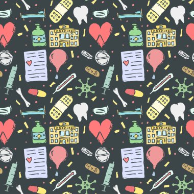 Kusursuz tıp düzeni. Beyaz arka planda ilaç ikonları olan karalama çizimi. Eski ilaç simgeleri