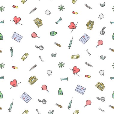 Kusursuz tıp düzeni. Beyaz arka planda ilaç ikonları olan karalama çizimi. Eski ilaç simgeleri