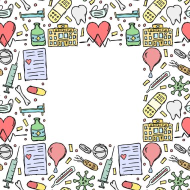 Kusursuz tıp geçmişi. İlaç ikonlarıyla karalama çizimi. Antika tıp geçmişi