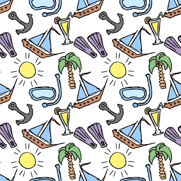 Summer seamless pattern. travel background. Travel vacation set of icons, journey and trip background. Doodle summer travel icons. Vacation pattern with travel icons