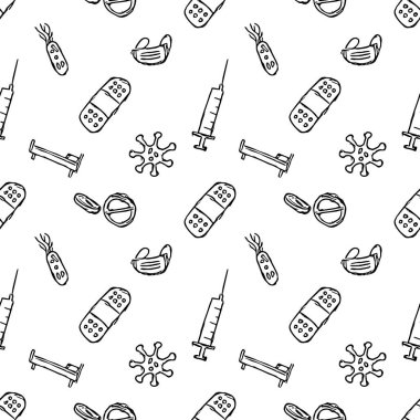 Kusursuz tıp düzeni. İlaç ikonlarıyla karalama arkaplanı. Eski ilaç simgeleri