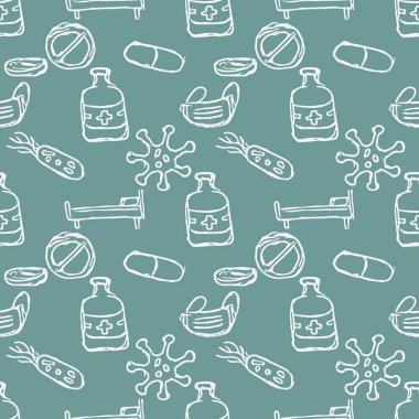 Kusursuz tıp düzeni. İlaç ikonlarıyla karalama arkaplanı. Eski ilaç simgeleri