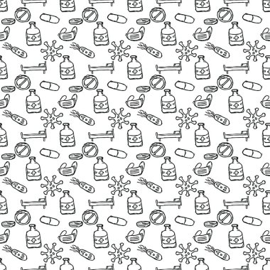 Kusursuz tıp düzeni. İlaç ikonlarıyla karalama arkaplanı. Eski ilaç simgeleri