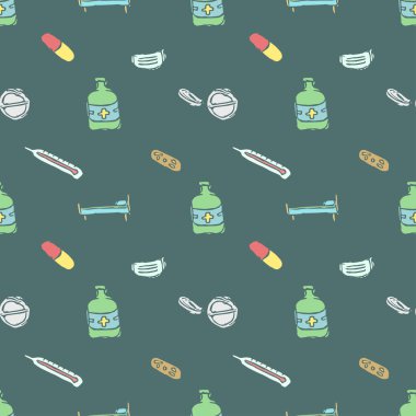 Kusursuz tıp düzeni. İlaç ikonlarıyla karalama arkaplanı. Eski ilaç simgeleri