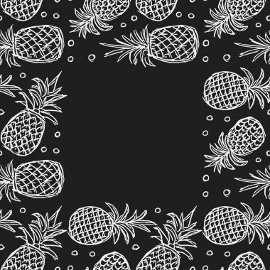 Kusursuz ananas çerçevesi. Ananaslı karalama çizimi. Klasik ananas arkaplanı