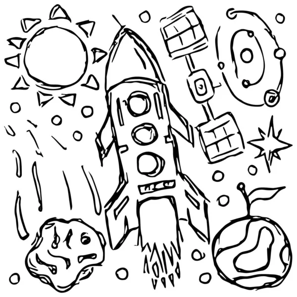 space icons. Cosmos background. Doodle space illustration
