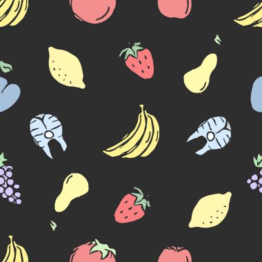 Yemek simgeleriyle kusursuz desen. Yemek kalıplarını karala. Gıda arkaplanı