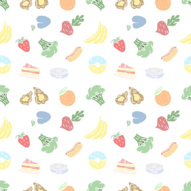 Yemek simgeleriyle kusursuz desen. Yemek kalıplarını karala. Gıda arkaplanı