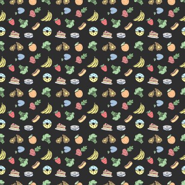 Yemek simgeleriyle kusursuz desen. Yemek kalıplarını karala. Gıda arkaplanı