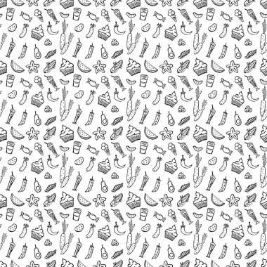 Yemek simgeleriyle kusursuz desen. Yemek kalıplarını karala. Gıda arkaplanı