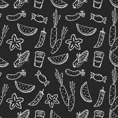 Yemek simgeleriyle kusursuz desen. Yemek kalıplarını karala. Gıda arkaplanı