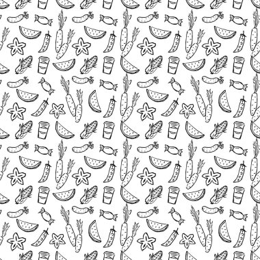 Yemek simgeleriyle kusursuz desen. Yemek kalıplarını karala. Gıda arkaplanı