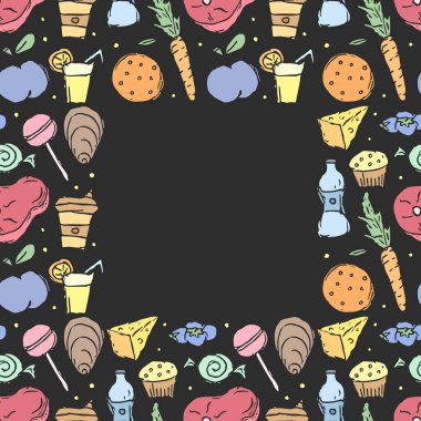 Karalama yemek çerçevesi. Metin için yeri olan yiyecekleri çizerek arkaplan