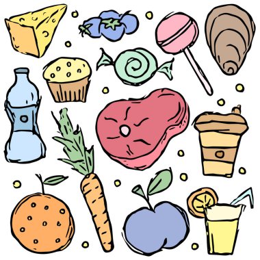 Karalama yemek ikonları. Yiyecek çizen bir arka plan