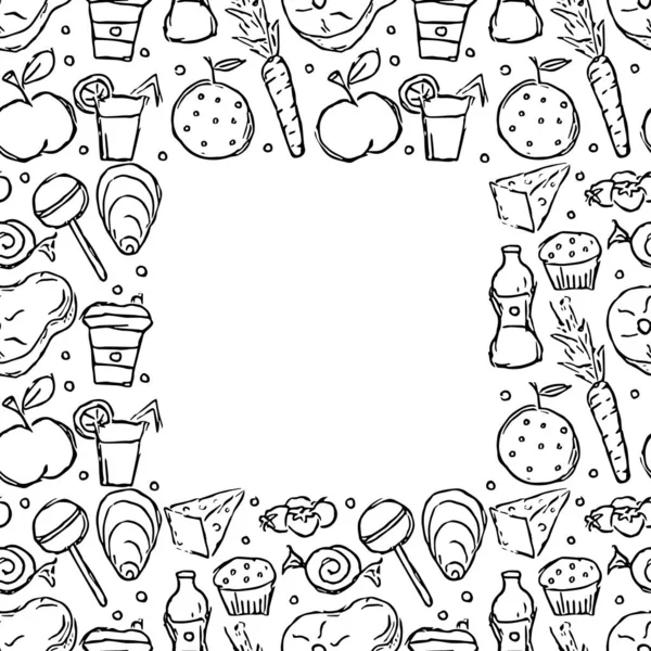 Doodle Marco Comida Fondo Con Dibujo Alimentos Con Lugar Para —  Fotos de Stock