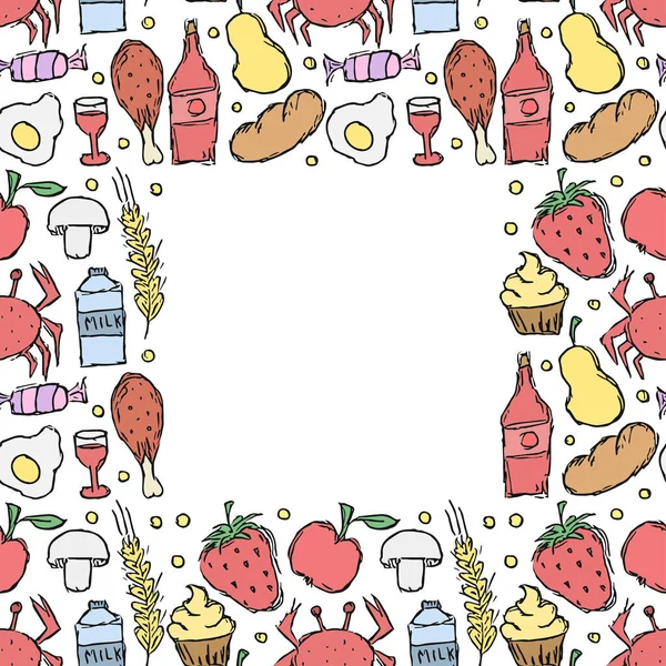 Rama Alimente Doodle Fundal Desen Alimente Loc Pentru Text — Fotografie, imagine de stoc