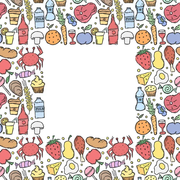 Doodle Marco Comida Fondo Con Dibujo Alimentos Con Lugar Para —  Fotos de Stock