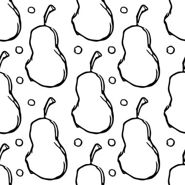 Armut ikonlarıyla kusursuz desen. Armut arka planı çizilmiş. Meyveli Doodle vektör illüstrasyonu