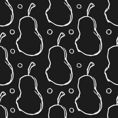 Armut ikonlarıyla kusursuz desen. Armut arka planı çizilmiş. Meyveli Doodle vektör illüstrasyonu