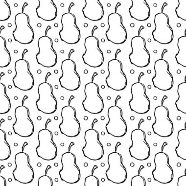 Armut ikonlarıyla kusursuz desen. Armut arka planı çizilmiş. Meyveli Doodle vektör illüstrasyonu