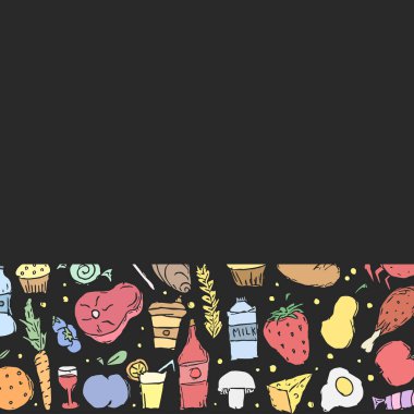 Yemek arkaplanı çizilmiş. Metin için yeri olan karalama yiyecek resimlemesi