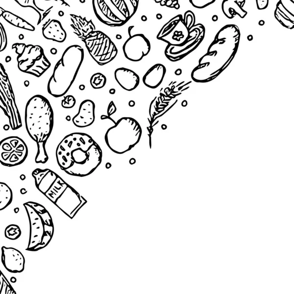 Ζωγραφισμένο Φόντο Τροφίμων Εικονογράφηση Doodle Τροφίμων Θέση Για Κείμενο — Διανυσματικό Αρχείο