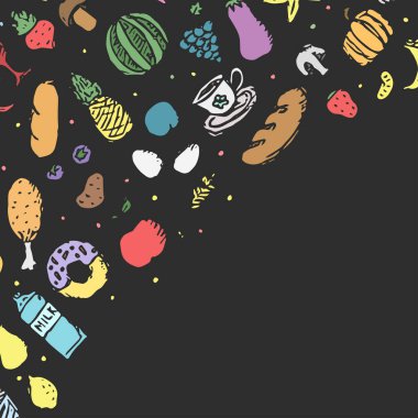 Yemek arkaplanı çizilmiş. Metin için yeri olan karalama yiyecek resimlemesi