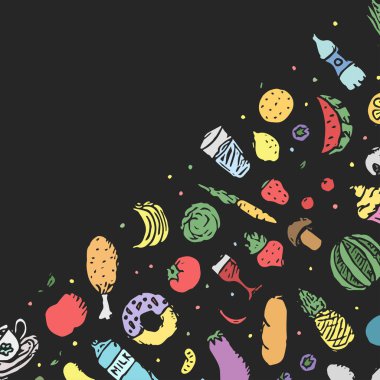 Yemek arkaplanı çizilmiş. Metin için yeri olan karalama yiyecek resimlemesi