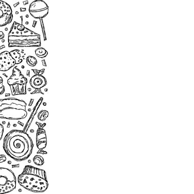 Tatlı arka plan çizilmiş. Şekerler ve metin için yer içeren karalama gıda illüstrasyonları