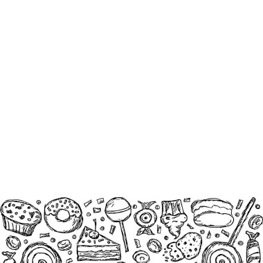 Tatlı arka plan çizilmiş. Şekerler ve metin için yer içeren karalama gıda illüstrasyonları