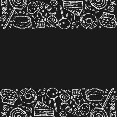 Tatlı arka plan çizilmiş. Şekerler ve metin için yer içeren karalama gıda illüstrasyonları