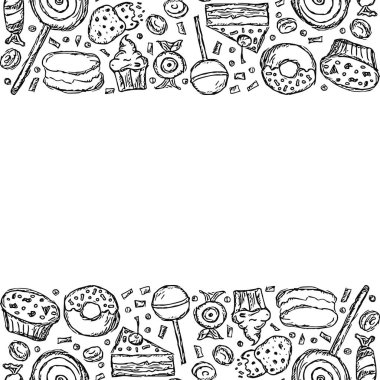 Tatlı arka plan çizilmiş. Şekerler ve metin için yer içeren karalama gıda illüstrasyonları