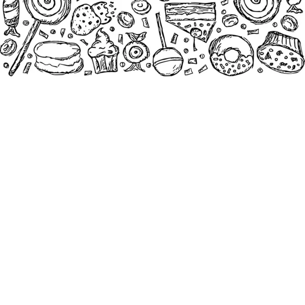 Nakreslit Pozadí Sladkostí Doodle Jídlo Ilustrace Cukrovinkami Místo Pro Text — Stock fotografie