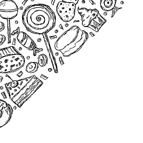 Fundo Doces Desenhados Doodle Food Ilustração Com Doces Lugar Para — Fotografia de Stock