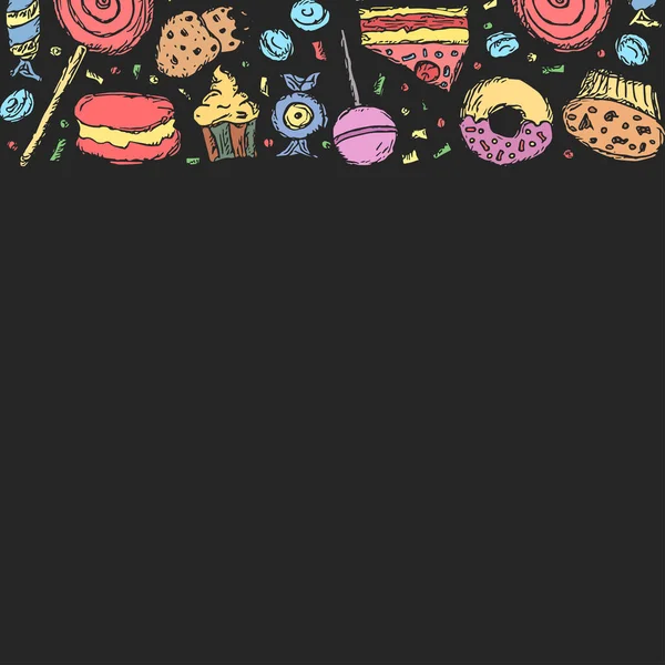 Rysunek Tła Słodycze Ilustracja Żywności Doodle Słodyczami Miejsce Tekst — Zdjęcie stockowe