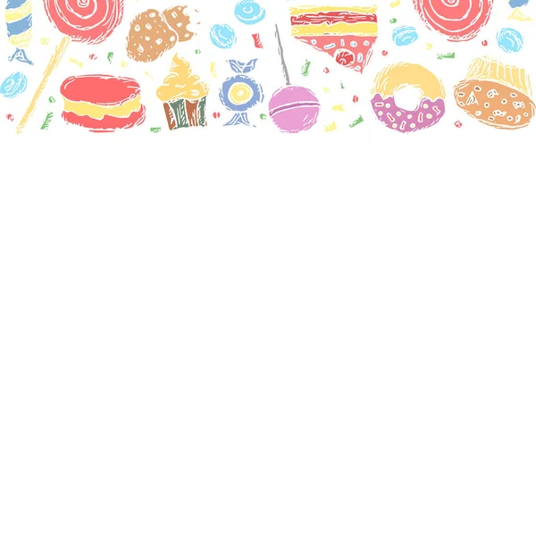 Teken Snoepjes Achtergrond Doodle Food Illustratie Met Zoetigheden Plaats Voor — Stockfoto