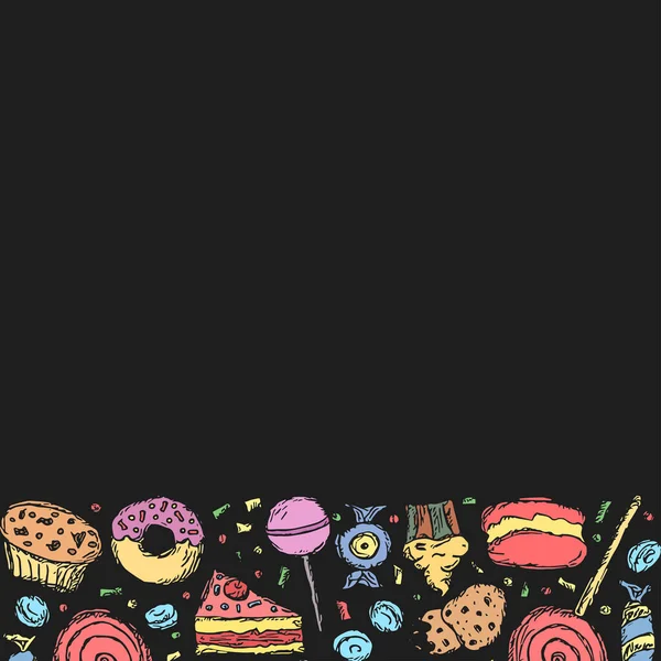 Gezeichnet Süßigkeiten Hintergrund Doodle Food Illustration Mit Süßigkeiten Und Platz — Stockfoto