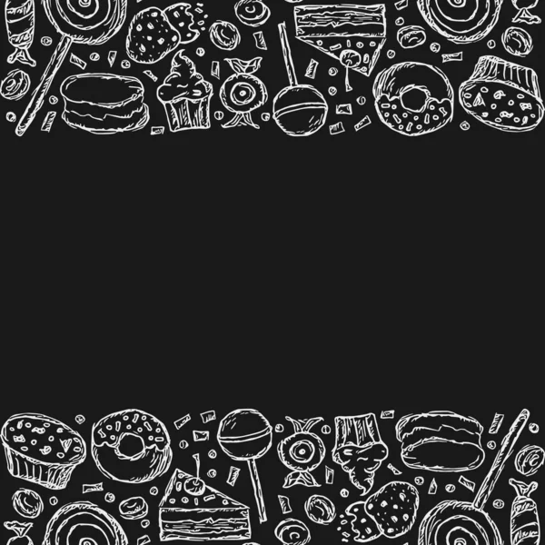 Drawn sweets background. Doodle food illustration with sweets and place for text