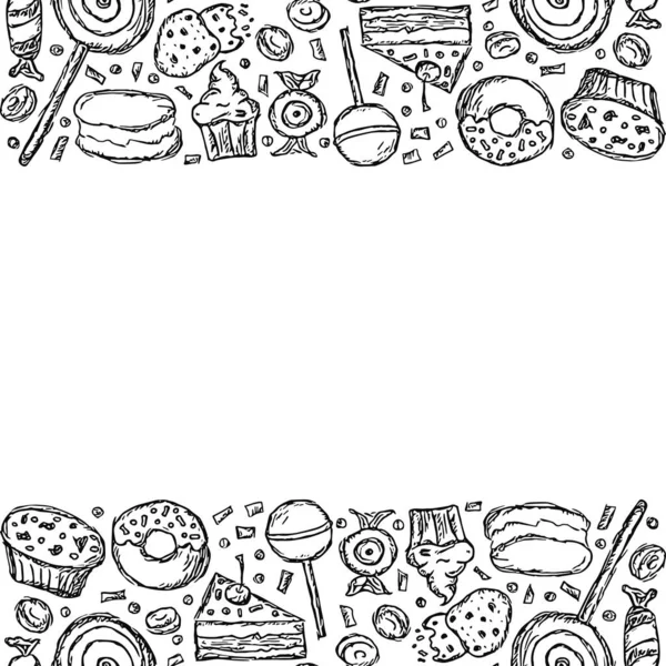Fundo Doces Desenhados Doodle Food Ilustração Com Doces Lugar Para — Fotografia de Stock