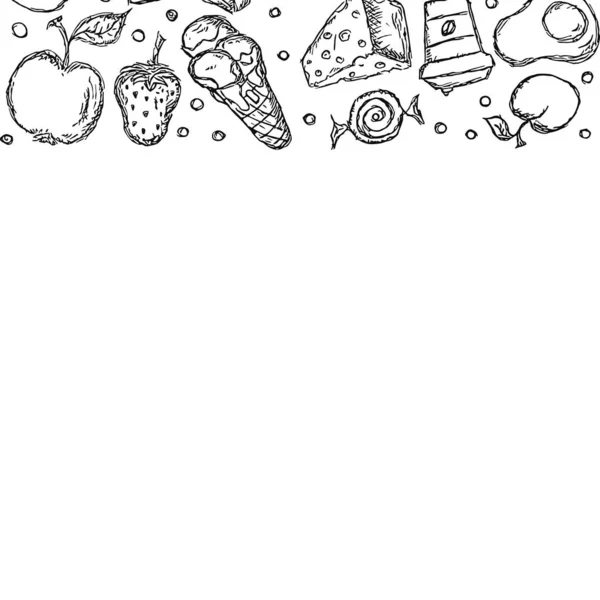 画的食物背景 附有文字的涂鸦食物图解 — 图库照片