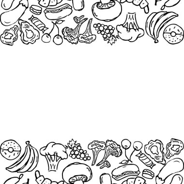 Yemek arkaplanı çizilmiş. Metin için yeri olan karalama yiyecek resimlemesi