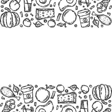 Yemek arkaplanı çizilmiş. Metin için yeri olan karalama yiyecek resimlemesi