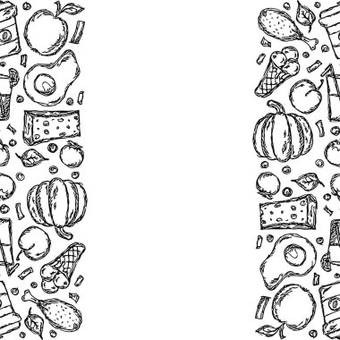 Yemek arkaplanı çizilmiş. Metin için yeri olan karalama yiyecek resimlemesi
