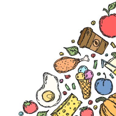 Yemek arkaplanı çizilmiş. Metin için yeri olan karalama yiyecek resimlemesi