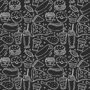 Kusursuz fast food şablonu. Fast food geçmişi. Fast food ikonlarını karala. Yemek kalıbı çizilmiş