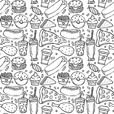 Kusursuz fast food şablonu. Fast food geçmişi. Fast food ikonlarını karala. Yemek kalıbı çizilmiş