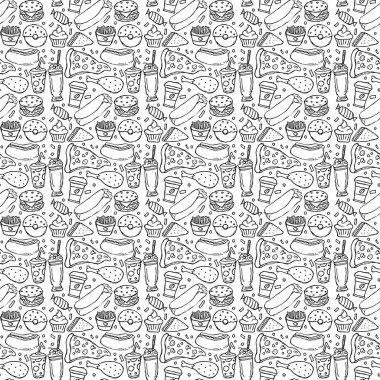 Kusursuz fast food şablonu. Fast food geçmişi. Fast food ikonlarını karala. Yemek kalıbı çizilmiş