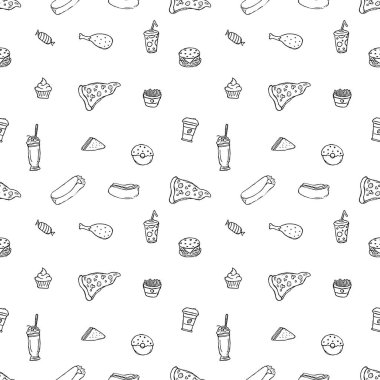 Kusursuz fast food şablonu. Fast food geçmişi. Fast food ikonlarını karala. Yemek kalıbı çizilmiş