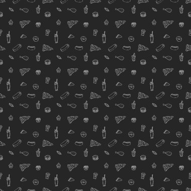 Kusursuz fast food şablonu. Fast food geçmişi. Fast food ikonlarını karala. Yemek kalıbı çizilmiş