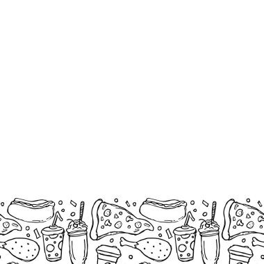 Fast food arka planında mesaj için yer var. Fast food ikonlarını karala. Çizilmiş yemek çizimi